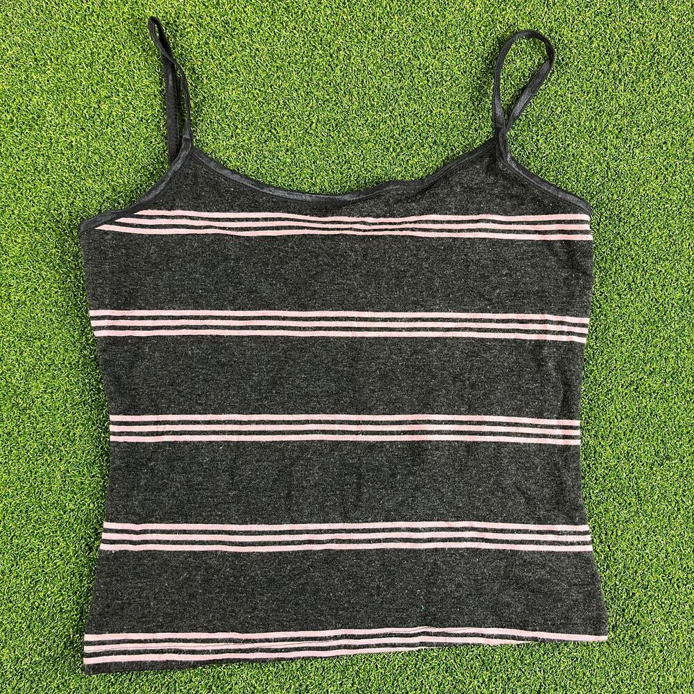 Vintage Y2K Agaci Too Dark Grey Light Pink Striped Baby Fit Cami Basic Top Sz L